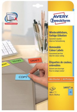 Avery Zweckform PACK L6034-20 Printable Labels with Removable Adhesive Красные прямоугольные этикетки 63.5 x 33.9 мм, 24 этикетки на листе